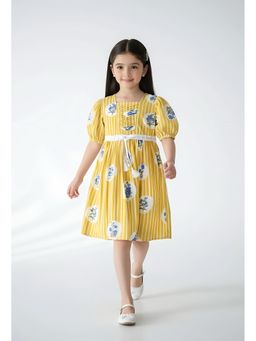 Bella Moda - Cotton Puff Sleeves Fit and Flare Printed Dress-Yellow