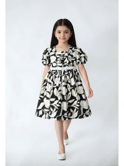 Bella Moda - Cotton Puff Sleeves Fit and Flare Printed Dress-Cream