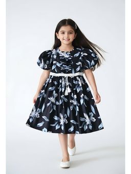 Bella Moda - Cotton Puff Sleeves Fit and Flare Printed Dress-Navy Blue