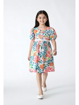 Bella Moda - Cotton Puff Sleeves Fit and Flare Printed Dress- Multi-Color