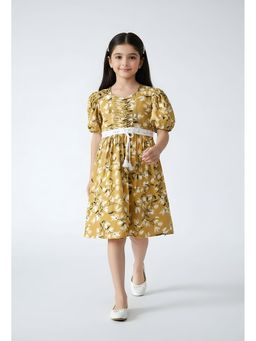 Bella Moda - Cotton Puff Sleeves Fit and Flare Printed Dress-Brown