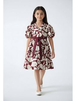 Bella Moda - Cotton Puff Sleeves Fit and Flare Printed Dress-Brown