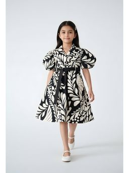 Bella Moda - Cotton Puff Sleeves Fit and Flare Printed Dress-Cream