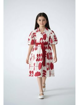 Bella Moda - Cotton Puff Sleeves Fit and Flare Printed Dress-Maroon