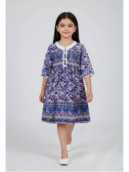 Bella Moda - Cotton Fit and Flare Printed Dress-Navy Blue