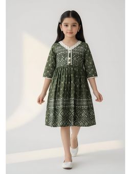 Bella Moda - Cotton Fit and Flare Printed Dress-Olive
