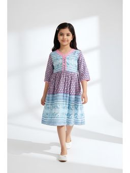 Bella Moda - Cotton Fit and Flare Printed Dress-Blue