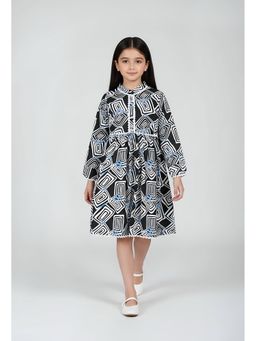 Bella Moda - Cotton Full Sleeves Fit and Flare Printed Dress-Black
