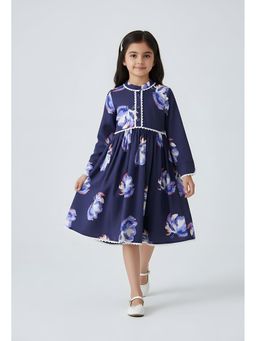 Bella Moda - Cotton Full Sleeves Fit and Flare Printed Dress-Navy Blue