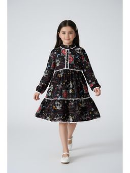 Bella Moda - Cotton Full Sleeves Fit and Flare Printed Dress-Black