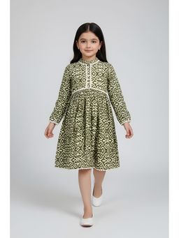 Bella Moda - Cotton Full Sleeves Fit and Flare Printed Dress-Green