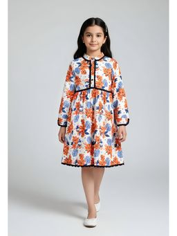 Bella Moda - Cotton Full Sleeves Fit and Flare Printed Dress-Orange