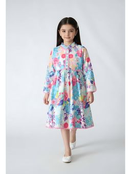 Bella Moda - Cotton Full Sleeves Ruffled Lace Applique Printed Dress- Multi-Color