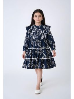 Bella Moda - Cotton Full Sleeves Ruffled Lace Applique Printed Dress-Navy Blue