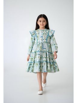 Bella Moda - Cotton Full Sleeves Ruffled Lace Applique Printed Dress- Multi-Color