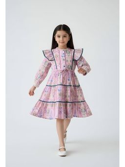 Bella Moda - Cotton Full Sleeves Ruffled Lace Applique Printed Dress-Pink
