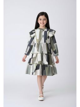 Bella Moda - Cotton Full Sleeves Ruffled Lace Applique Printed Dress-Green