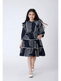 Bella Moda - Cotton Full Sleeves Ruffled Lace Applique Printed Dress-Navy Blue