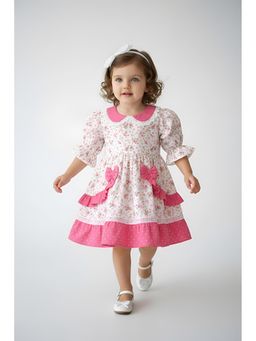 Bella Moda - Cotton Three Fourth SleevesFrilled Design Printed Dress-White