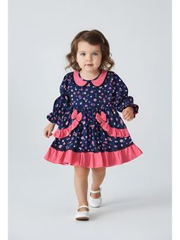 Bella Moda - Cotton Full Sleeves Frilled Design Printed Dress-Navy Blue