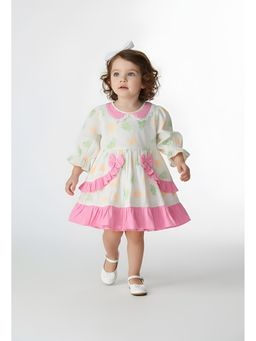 Bella Moda - Cotton Full Sleeves Frilled Design Printed Dress-Pink