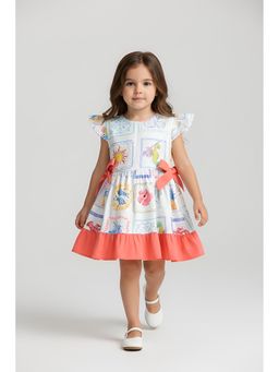 Bella Moda - Cotton Ruffled Sleeves Front Bow Knott Printed Dress-Red
