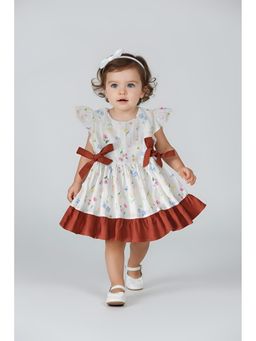 Bella Moda - Cotton Ruffled Sleeves Front Bow Knott Printed Dress-Maroon