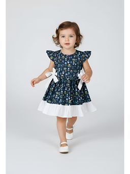 Bella Moda - Cotton Ruffled Sleeves Front Bow Knott Printed Dress-Navy Blue