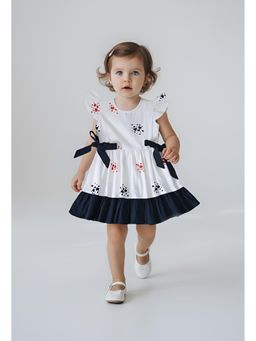Bella Moda - Cotton Ruffled Sleeves Front Bow Knott Printed Dress-White
