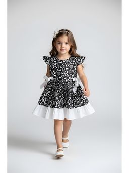 Bella Moda - Cotton Ruffled Sleeves Front Bow Knott Printed Dress-Black