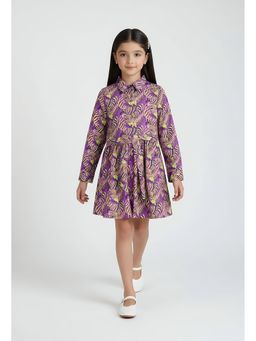Bella Moda - Cotton Purple Printed Shirt Dress with Belt- Purple