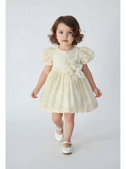 Bella Moda - Shimmer Fabric Puff Sleeves with Front Flower Applique Party Dress-White