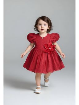 Bella Moda - Shimmer Fabric Puff Sleeves with Front Flower Applique Party Dress-Red
