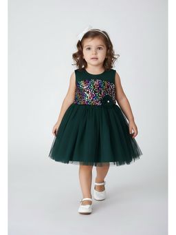 Bella Moda - Net Satin Sleeveless Sequined Work Solid Party Dress-Dark Green