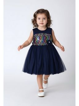 Bella Moda - Net Satin Sleeveless Sequined Work Solid Party Dress-Navy Blue