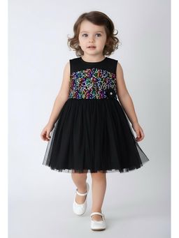 Bella Moda - Net Satin Sleeveless Sequined Work Solid Party Dress-Black