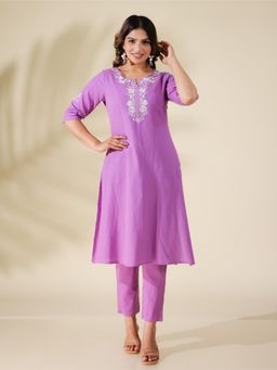 ARAMYA - Linen Cotton A-Line Solid Kurta for Women (Set of 2)