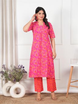 ARAMYA - Linen Cotton Flared Abstract Print Kurta for Women (Set of 2)