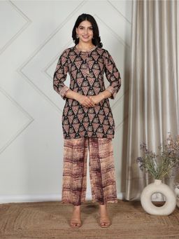 ARAMYA - Soft Cotton Straight Geometric Print Kurta for Women (Set of 2)