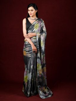 EXCLUSIVA - Multicolor Brasso Digital Print Designer Saree with Unstitched Blouse