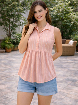 Lative Colours Of Fashion - Women's Cotton Stripes Peach Top