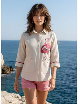 Dora Dori - Flamingo Printed Linen Front Pockets Shirt