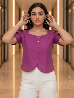 Dora Dori - Women's Chanderi Solid Purple Top