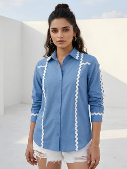 Dora Dori - Linen Collared Lace Detail Blue Shirt