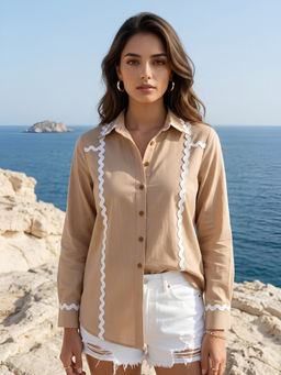 Dora Dori - Linen Collared Lace Detail Brown Shirt