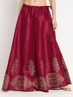 Studio Rasa - Women Dupion Printed Bias Maroon Skirt