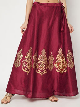 Studio Rasa - Dupion Printed Bias Maroon Skirt