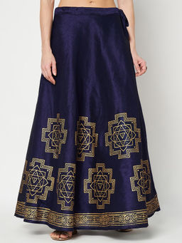 Studio Rasa - Dupion Printed Bias Navy Blue Skirt
