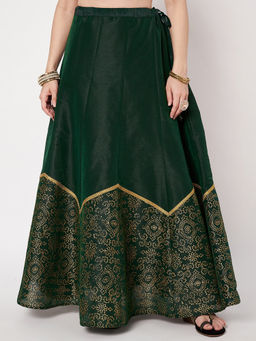 Studio Rasa - Dupion Printed Half And Half Kalidaar Green Skirt
