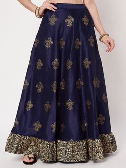 Studio Rasa - Dupion Printed Ruffle Bias Navy Blue Skirt